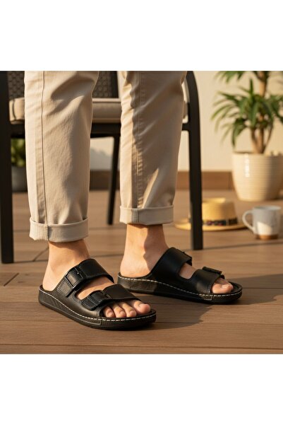 MİNAHOBİ Ανδρικές ορθοπεδικές παντόφλες από συνθετικό δέρμα με διπλή πόρπη, ρ...