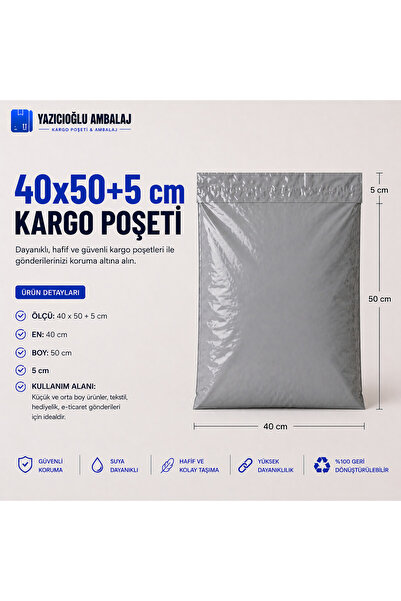 40X50+5 CEPLİ KARGO POŞET - 1.000 ADET -DIŞI GRİ İÇİ SİYAH / İÇ GÖSTERMEZ