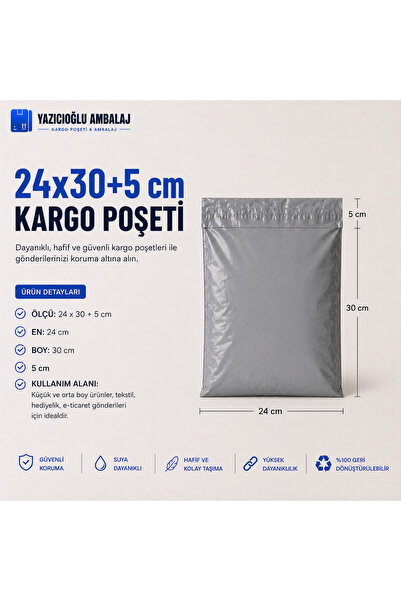 YAZICIOĞLU AMBALAJ 24X30+5 CEPLİ KARGO POŞET - 1.000 ADET - DIŞI GRİ İÇİ SİYA...