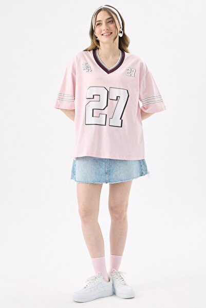 CrepTekstil Crep Kadın 27 Baskılı Kolej Stil V Yaka Kısa Kollu T-Shirt Relaxed Fit %100 Pamuk
