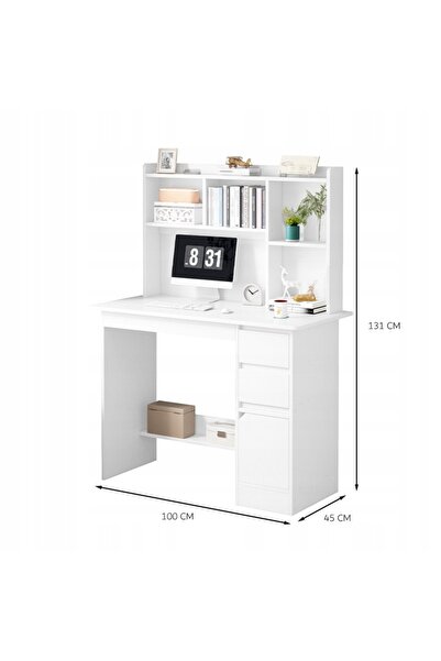 Generic Brand Birou alb pentru adolescenți, masă de calculator, masă loft, cu raft, sertar și bibliotecă