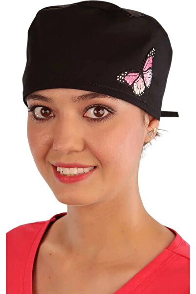 Sparkling Earth Surgical Cap Black with Pink Butterfly - One Size
