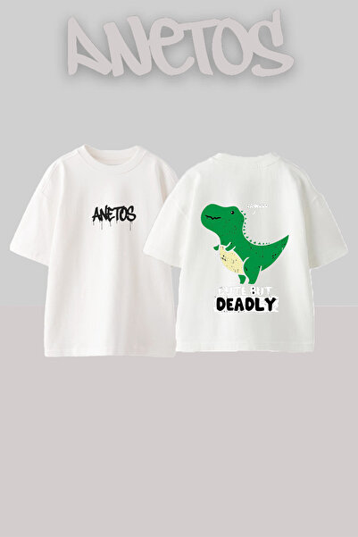 Anetos Trex Design Βαμβακερό λευκό μπλουζάκι με στάμπα στην πλάτη