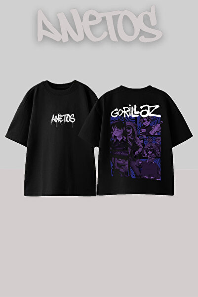 Anetos Μπλουζάκι Gorillaz Design με στάμπα στην πλάτη, βαμβακερό, μαύρο, over...
