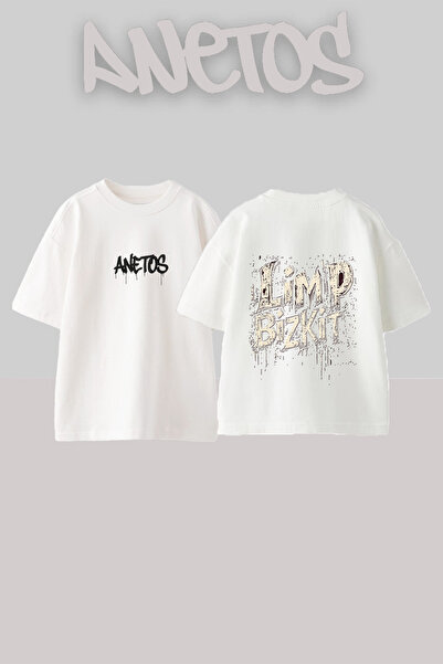 Anetos Μπλουζάκι Limp Bizkit Design με στάμπα από βαμβακερό λευκό oversize