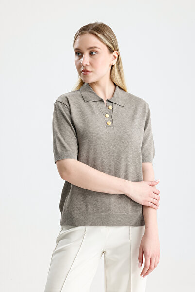 Figo Γυναικείο πλεκτό με κοντό μανίκι και γιακά πόλο με κουμπιά