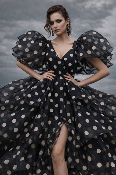 TESATURI OUTLET Μαύρη οργάντζα με μπεζ βελούδινα πουά – ύφασμα για κομψά φορέ...