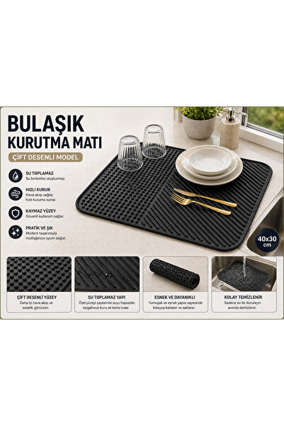 BLACK Bulaşık Kurutma Matı Çok Amaçlı Tezgah Üstü Altlık Su Toplamaz Kaymaz M...