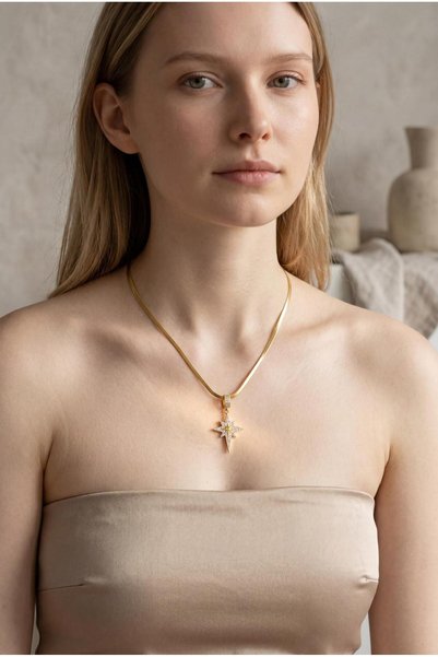 BEREN KILIÇ Stella Star Sparkle Necklace – Steel Star Necklace with Zircon Stones