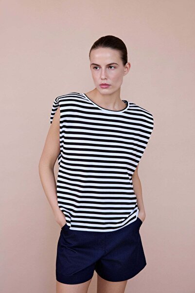 rue Vatkalı Örme Kahve Beyaz T-shirt