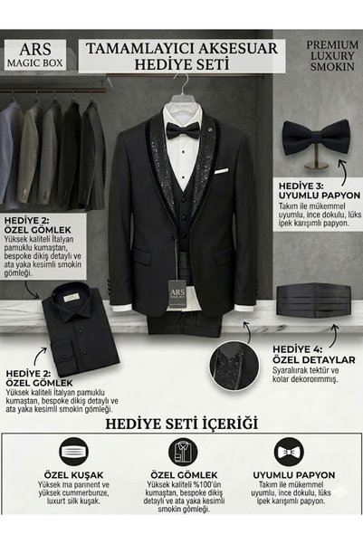 Ars Magic Box ARS ÖZEL TASARIM İŞLEMELİ YAKA DETAYLI, SLIM FIT SİYAH DAMATLIK VE ÜÇLÜ TAKIM ELBİSE ŞIKLIĞIN ZİRVESİ