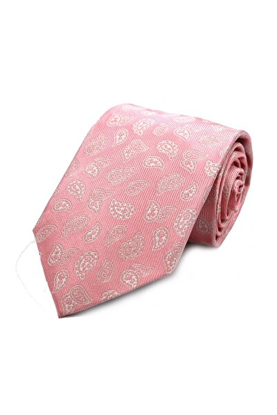 Sade Kravat Pembe Beyaz Özel Dokuma Şal Desenli İpek Kravat 31442 Pembe
