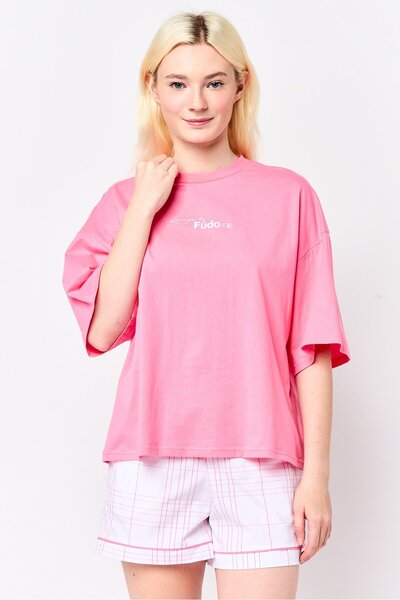 Fudo Women 2 Pcs Embroidered Logo Pajama Top And Check Shorts, Multicolor