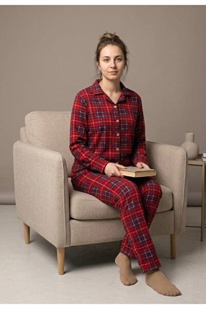 Uzunlar Tekstil Genç Gurup Ekose boydan düğmeli Mevsimlik Süet pijama takımı
