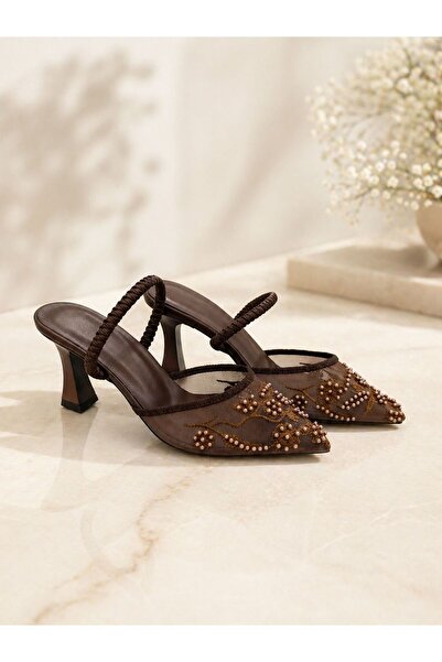 FİORE WOMEN Brown Lace Pearl Embroidered Summer Women's Heeled Shoes