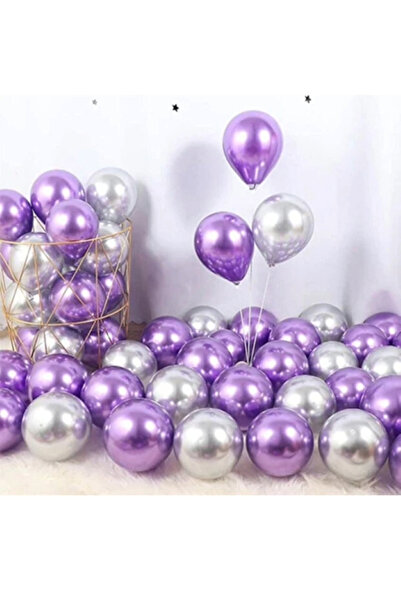 Parti Zamanı 10 Adet Metalik Mor, Lila, Gümüş Parlak Balon Seti