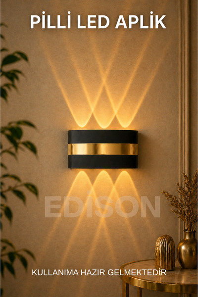 Edison Gold Detaylı Pilli LED Aplik Kablosuz Modern Dekoratif Duvar Lambası Ç...