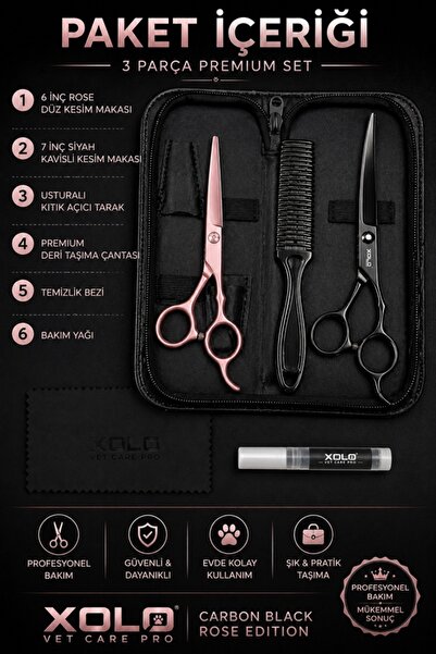 xolo Vet Care Pro Carbon Black Rose Kedi Köpek Bakım Makas Seti Deri Çantalı