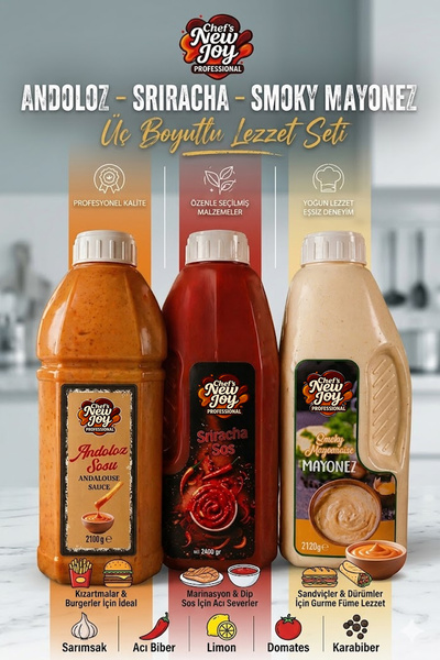 chef's new joy professional Üç Boyutlu Lezzet Seti - Andoloz + Sriracha + Smoky Mayonez Gurme Sos Seti 3lü