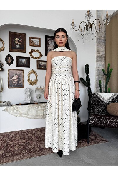 conconmoda Straplez Şal Detay Tasarım Kadın Uzun Puantiyeli Elbise Penas