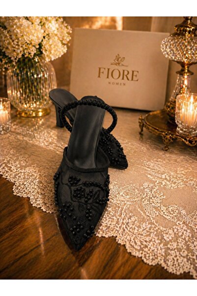 FİORE WOMEN Black Lace Pearl Embroidered Summer Women's Heeled Shoes