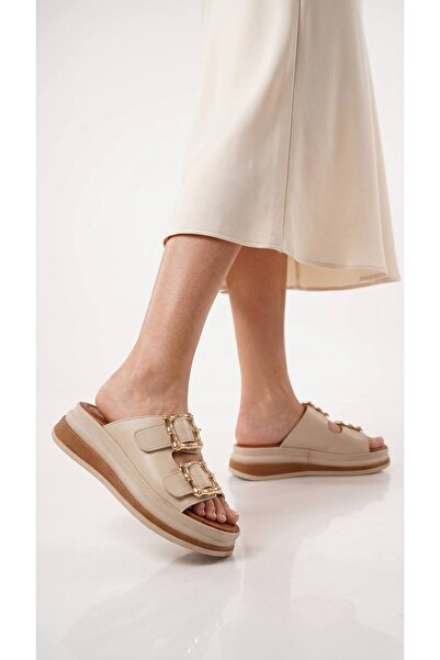 Lidora Women's Cream Wide 2 Buckle High Sole Slippers Ayk1066