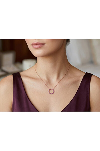lpsankara İçi Boş Yakut Taşlı Yuvarlak Motif Rose Kaplama Gümüş Mini Kolye