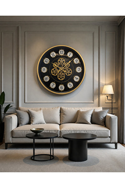 Evdeki Mağaza 45x45cm Evdeki-Çarklı Saat- Metal, Siyah-Gold Duvar Saati