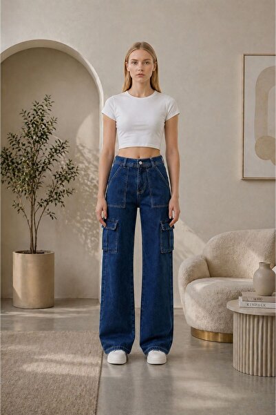 Rosita Kadın Yüksek Bel Full Likralı Kargo Cep Wide Leg Jean