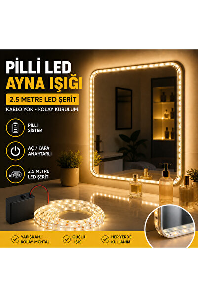 luxshome Pilli LED Ayna Işığı 2.5 Metre Şerit – Yapışkanlı, Aç/Kapa Anahtarlı...