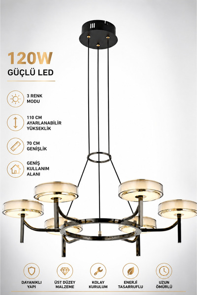 Elvora Home 6'lı Modern (PREMİUM) 3 Renkli LEDli Sarkıt Avizesi Salon Mutfak ...