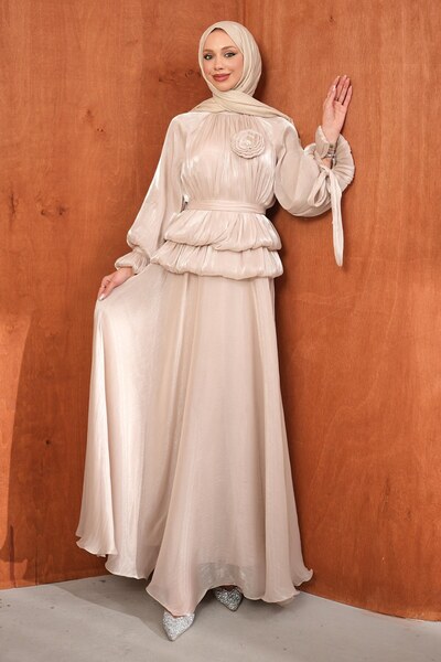 İmajButik Mink Balloon Sleeve Waist Detailed Evening Dress