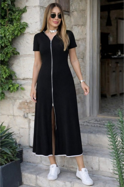 Kokosh moda Kadın Kısa Kollu Önü Fermuarlı Kloş Midi Boy Vİskon Elbise