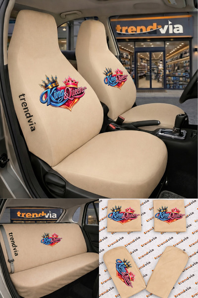 trivexa King & Queen Logo Car Seat Cover Front Rear Set – Combed Cotton Lycra...
