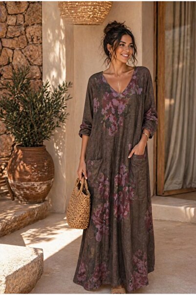 espoire butik kadın italyan keten uzun kahverengi elbise 42 44 46 48 bedenler...