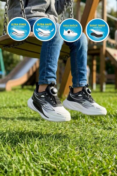 Marco Kids Beyaz Siyah Misina Bağcıklı Mekanizmalı Erkek Çocuk Spor Ayakkabı ...