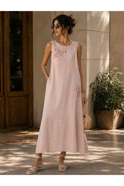 espoire butik kadın italyan keten pembe elbise