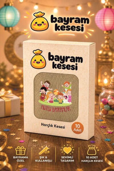 Yaprak Hediyelik Bayram Harçlık Kesesi 10'lu – Baskılı Ham Bez Bayram Kesesi,...