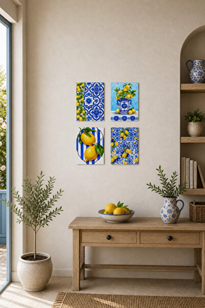 BYC TÜRKİYE Limon Desenli Tablo Seti 4'lü Set – Sicilya Temalı- 15x20 cm, 3 m...