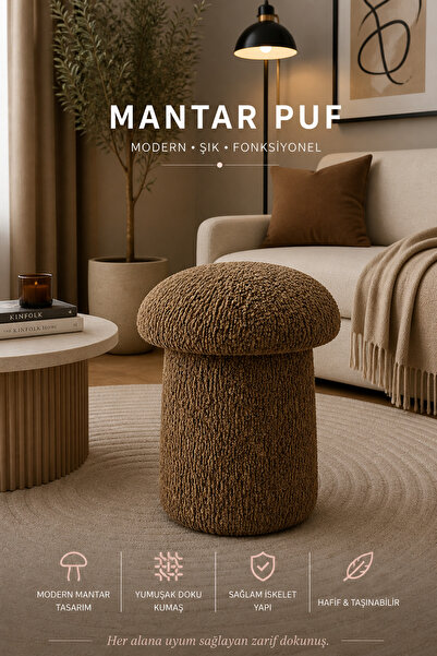 Tasarım Luxury Mantar Puf – İthal Bukle Kumaş, Modern & Zarif