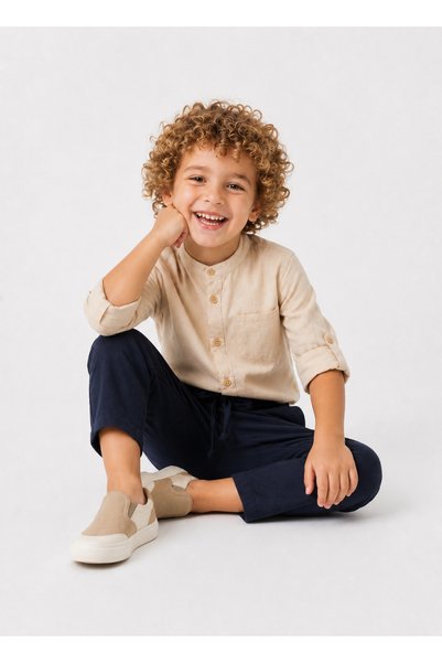 Minik Masal Boys' Folded Sleeve Judge Collar Shirt and Pants Set 2-10 Years