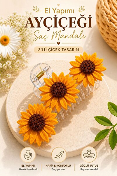 Design 4N Ayçiçeği Saç Mandalı – El Yapımı 3’lü Çiçek Toka, Güçlü Tutuş, Günl...