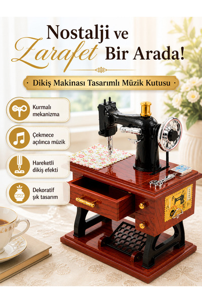 OpenCity Dikiş Makinası Müzik Kutusu Nostaljik Dekoratif Hediyelik Kurmalı Me...