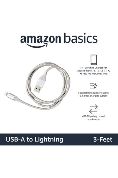 Amazon basics كابل USB-A إلى Lightning، بطول 914.4 ملم، متوافق مع الهواتف الذكية