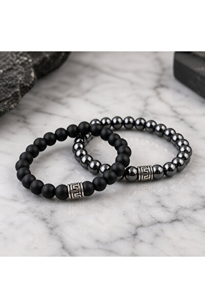 evcikuş Onyx & Hematite Natural Stone Double Bracelet Set – Energy & Courage ...
