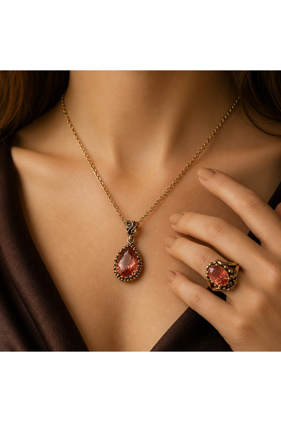 BULU'US ACCESSORIES Bronz Vintage Zultanit Taşlı Yüzük & Kolye Takım – El Yap...