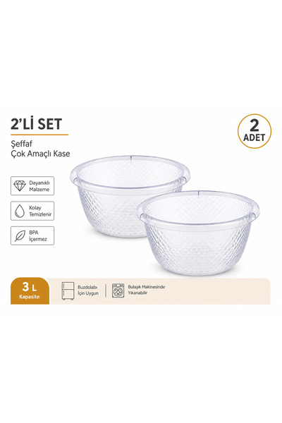 HOMVELLA 3 L Şeffaf Çok Amaçlı Kase 2’li Set – Sebze Meyve Yıkama & Saklama K...