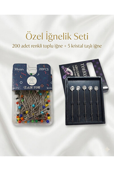 Gül İpek Moda Toplu İğne+Taşlı 2'li Set Eşarp Şal İğnesi Lüks Beyaz Kristal Ö...