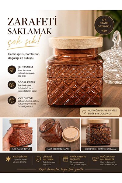 Banum Luxury Şık Bambu Kapaklı Gravürlü Çok Amaçlı Bal Kavanoz