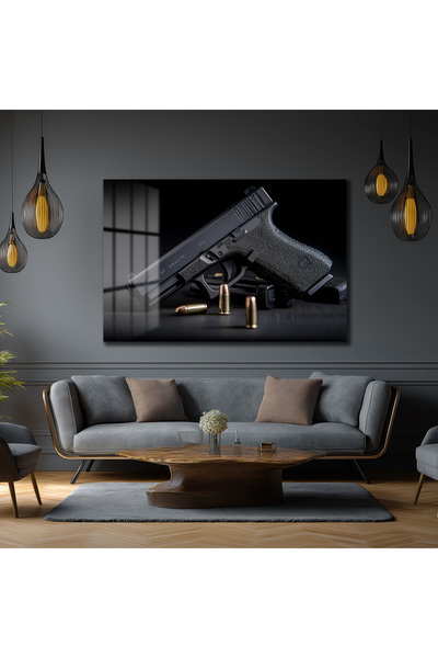 GLAZELLA Taktik Zarafet: Glock ve Mermiler Cam Duvar Tablosu